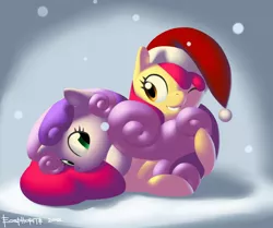 Size: 1666x1390 | Tagged: apple bloom, artist:eosphorite, cute, derpibooru import, female, lesbian, safe, shipping, snow, snowfall, sweetie belle, sweetiebloom