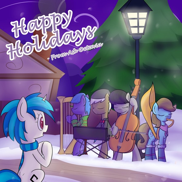 Size: 1280x1280 | Tagged: safe, artist:erthilo, derpibooru import, beauty brass, frederic horseshoepin, octavia melody, parish nandermane, vinyl scratch, pony, ask octavia, ask, clothes, scarf, snow, tumblr