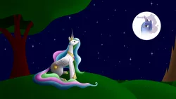 Size: 10000x5625 | Tagged: absurd resolution, artist:tanail, crown, derpibooru import, grass, jewelry, moon, mountain, night, princess celestia, princess luna, regalia, safe, stars, tree