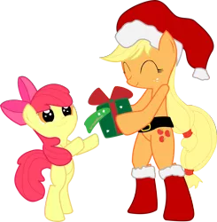 Size: 2378x2428 | Tagged: safe, artist:hoodie-stalker, derpibooru import, apple bloom, applejack, earth pony, pony, belt, bipedal, boots, bow, duo, duo female, eyes closed, female, hat, heartwarming, holding a present, hoof boots, present, santa hat, simple background, transparent background, vector