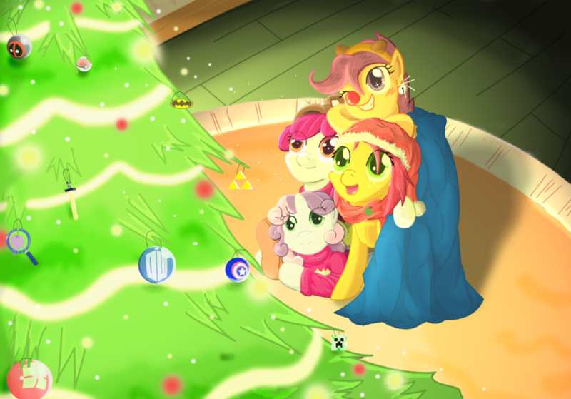 Size: 900x629 | Tagged: adventure time, apple bloom, artist:xnosidex, babs seed, batman, captain america, christmas, christmas tree, clothes, creeper, cutie mark crusaders, deadpool, derpibooru import, doctor who, hat, holiday, homestuck, minecraft, pokéball, pokémon, red nose, reindeer, safe, santa hat, scootaloo, sweater, sweetie belle, the legend of zelda, tree, triforce