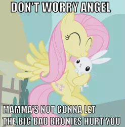 Size: 593x600 | Tagged: angel bunny, anti-bronybait, brony, derpibooru import, fluttermom, fluttershy, hug, image macro, safe