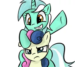 Size: 294x264 | Tagged: safe, artist:bambooharvester, derpibooru import, bon bon, lyra heartstrings, sweetie drops, earth pony, pony, unicorn, avatar, bon bon is not amused, duo, grin, ponies riding ponies, riding, simple background, smiling, unamused, white background