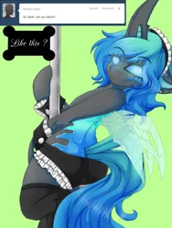 Size: 1200x1600 | Tagged: artist:rainbowscreen, ass, bipedal, blue changeling, buttcrack, changeling, changeling oc, changeling queen, changeling queen oc, clothes, dead source, derpibooru import, female, maid, oc, oc:jewel, pole dancing, semi-anthro, shorts, suggestive, unofficial characters only