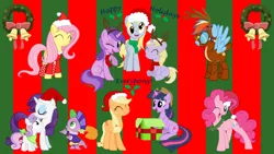 Size: 1920x1080 | Tagged: safe, artist:neodarkwing, derpibooru import, amethyst star, applejack, derpy hooves, dinky hooves, fluttershy, pinkie pie, rainbow dash, rarity, spike, sweetie belle, twilight sparkle, pegasus, pony, bells, christmas, clothes, costume, female, hat, holly, mare, present, santa hat, scarf, wreath