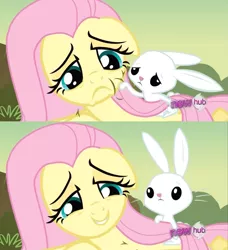 Size: 935x1026 | Tagged: angelbetes, angel bunny, comforting, cute, derpibooru import, fluttershy, hub logo, hurricane fluttershy, safe, screencap, tsundere