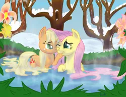 Size: 1660x1276 | Tagged: safe, artist:kittyhawk-contrail, derpibooru import, applejack, fluttershy, earth pony, pegasus, pony, fanfic:where they are joined, appleshy, fanfic art, female, flower, hot springs, lesbian, loose hair, mare, missing accessory, shipping, snow, water, wet mane