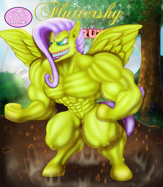 Size: 876x1003 | Tagged: questionable, artist:xylem, derpibooru import, fluttershy, pony, bipedal, flutterhulk, muscles, muscleshy, overdeveloped muscles