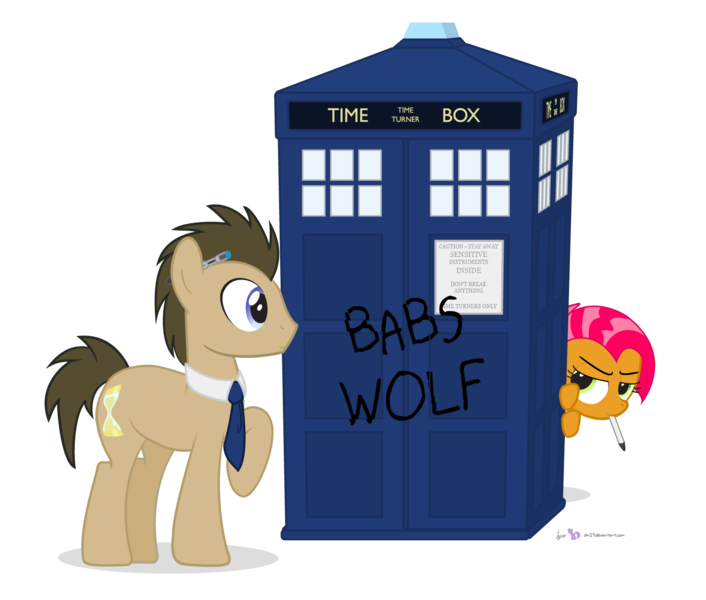 Size: 1500x1275 | Tagged: artist:dm29, babs seed, bad wolf, derpibooru import, doctor who, doctor whooves, duo, parody, safe, simple background, tardis, time turner, transparent background