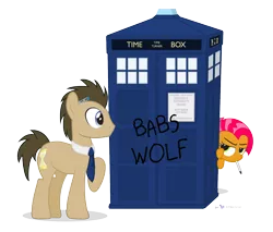 Size: 1500x1275 | Tagged: artist:dm29, babs seed, bad wolf, derpibooru import, doctor who, doctor whooves, duo, parody, safe, simple background, tardis, time turner, transparent background