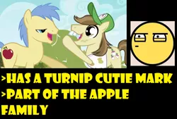 Size: 872x591 | Tagged: safe, derpibooru import, edit, edited screencap, screencap, hayseed turnip truck, red delicious, earth pony, pony, apple family reunion, apple family member, background pony, baseball cap, bucktooth, cap, clothes, duo, hat, hilarious in hindsight, male, meta, open mouth, shirt, stallion, turnip, yellow words