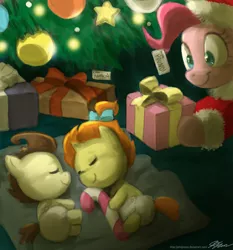 Size: 900x964 | Tagged: safe, artist:johnjoseco, derpibooru import, pinkie pie, pound cake, pumpkin cake, candy cane, christmas, christmas tree, clothes, cute, diaper, diapinkes, hat, present, santa costume, santa hat, sleeping, tree