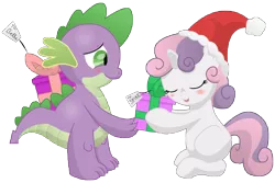 Size: 14400x9600 | Tagged: artist needed, safe, artist:prinnyaniki, derpibooru import, spike, sweetie belle, dragon, pony, unicorn, absurd resolution, blushing, christmas, christmas presents, cute, eyes closed, female, filly, hat, hearth's warming, hearth's warming eve, holiday, interspecies, male, present, santa hat, shipping, simple background, spikebelle, straight, transparent background