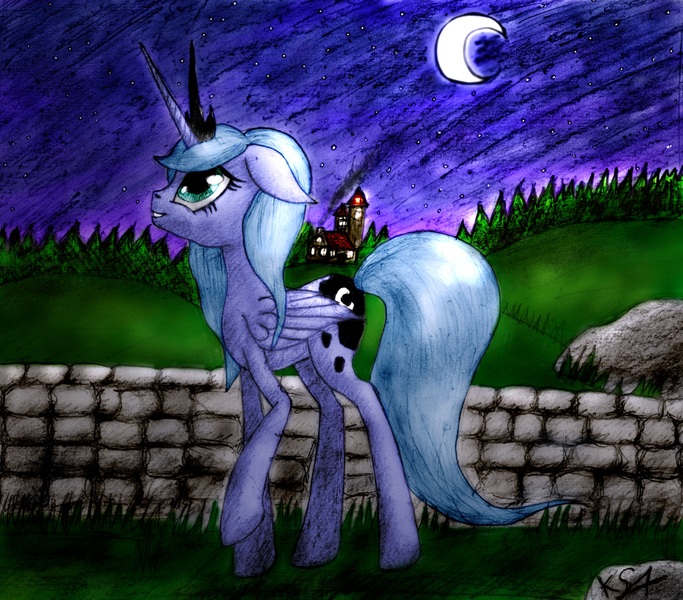 Size: 2604x2288 | Tagged: artist:ksopies, colored, derpibooru import, night, princess luna, s1 luna, safe, solo, stone wall, traditional art