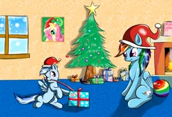 Size: 2200x1500 | Tagged: safe, artist:ac-whiteraven, derpibooru import, derpy hooves, rainbow dash, oc, oc:tempest, pegasus, pony, christmas, female, mare, mother and son, offspring, parent:rainbow dash, parent:unnamed oc, parents:canon x oc