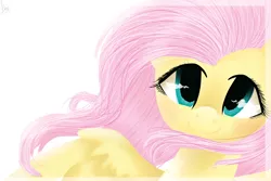 Size: 3000x2000 | Tagged: safe, artist:marisalle, derpibooru import, fluttershy, pegasus, pony, bust, female, looking at you, mare, portrait, signature, simple background, smiling, smiling at you, solo, white background
