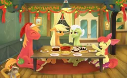 Size: 1300x800 | Tagged: safe, artist:aurarrius, derpibooru import, apple bloom, applejack, big macintosh, granny smith, smarty pants, earth pony, pony, apple family, babyjack, christmas, hat, male, santa hat, stallion