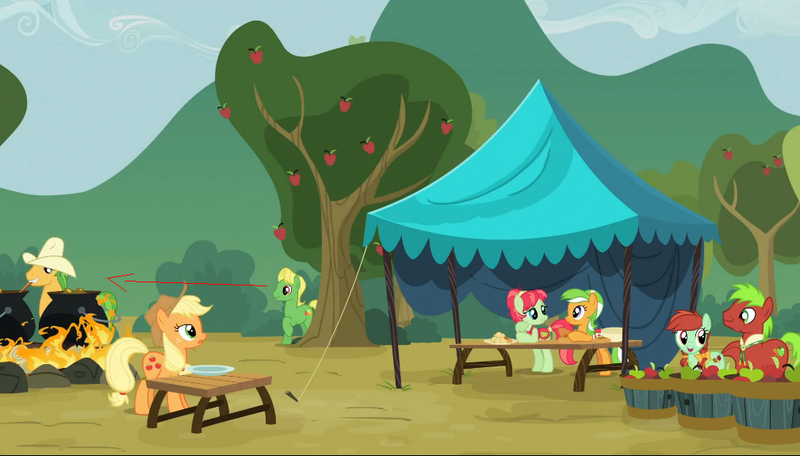 Size: 1009x575 | Tagged: apple cinnamon, apple dumpling, apple family reunion, applejack, apple leaves, bushel, candy apples, derpibooru import, exploitable meme, hoss, lol, safe, wensley