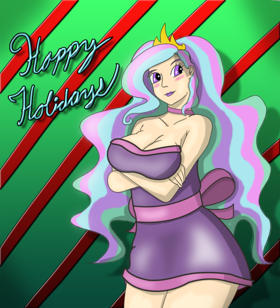 Size: 1042x1146 | Tagged: breasts, busty princess celestia, christmas, clothes, derpibooru import, dress, holiday, humanized, princess celestia, suggestive