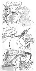 Size: 589x1164 | Tagged: suggestive, artist:mickeymonster, derpibooru import, discord, princess celestia, princess luna, queen chrysalis, alicorn, changeling, draconequus, pony, ass worship, bedroom eyes, butt, comic, dialogue, female, glasses, grayscale, impossibly large butt, jewelry, kiss my ass, looking at you, looking back, looking back at you, male, mare, monochrome, moonbutt, open mouth, plot, praise the moon, praise the sun, raised hoof, raised tail, rear view, regalia, smiling, sunbutt, the ass was fat, turntable, vulgar
