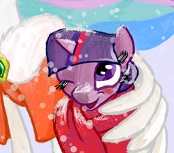 Size: 512x448 | Tagged: artist:untiltheballoons, blushing, clothes, derpibooru import, eyelashes, hug, momlestia, open mouth, princess celestia, safe, scarf, smiling, snow, snowfall, twilight sparkle, winghug, wink