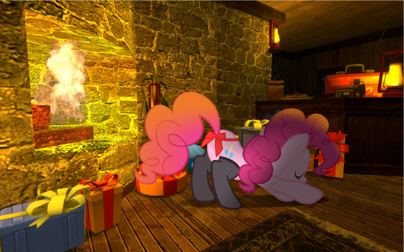 Size: 1441x901 | Tagged: suggestive, artist:bongo, derpibooru import, pinkie pie, bow, christmas, clothes, fireplace, gmod, plot, present, presenting, stockings, tail bow, vector