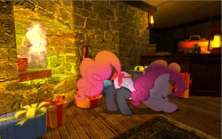 Size: 1441x901 | Tagged: suggestive, artist:bongo, derpibooru import, pinkie pie, bow, christmas, clothes, fireplace, gmod, plot, present, presenting, stockings, tail bow, vector