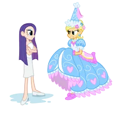 Size: 2000x1800 | Tagged: applejack, artist:trinityinyang, clothes, derpibooru import, dress, dressup, froufrou glittery lacy outfit, hennin, humanized, look before you sleep, rarity, safe, scene interpretation, skinny, wet, wet mane, wet mane rarity