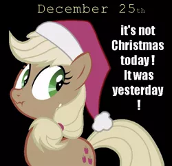 Size: 619x600 | Tagged: applejack, christmas, date, derpibooru import, discorded, hat, image macro, liar face, liarjack, safe, santa hat