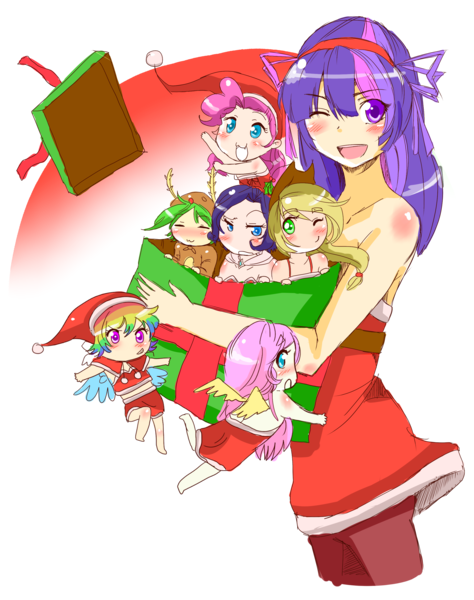 Size: 2250x2850 | Tagged: applejack, artist:applestems, christmas, clothes, derpibooru import, dress, fluttershy, humanized, mane seven, midriff, pinkie pie, rainbow dash, rarity, safe, skirt, spike, twilight sparkle, winged humanization