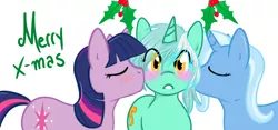 Size: 1280x597 | Tagged: artist:azure-doodle, artist:vaderpl, blushing, derpibooru import, eyes closed, female, holly, holly mistaken for mistletoe, kissing, kiss on the cheek, kiss sandwich, lesbian, lyra heartstrings, safe, sexually confused lyra, shipping, trixie, twilight sparkle, twyra