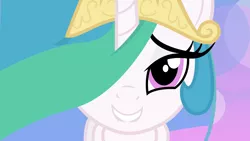 Size: 9600x5400 | Tagged: absurd resolution, artist:lazypixel, bedroom eyes, bust, derpibooru import, grin, hair over one eye, lip bite, looking at you, portrait, princess celestia, safe, smiling, solo, vector