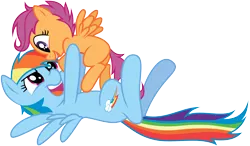 Size: 13001x7606 | Tagged: safe, artist:kysss90, artist:mickeymonster, derpibooru import, rainbow dash, scootaloo, pony, absurd resolution, cute, cutealoo, dashabetes, holding a pony, lifting, on back, scootalove, simple background, transparent background, vector