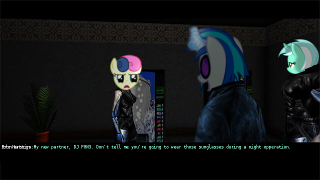 Size: 640x360 | Tagged: anna navarre, augmented, bon bon, bon bon is not amused, derpibooru import, deus ex, edit, gunther hermann, lyra heartstrings, safe, sweetie drops, text, vending machine, vinyl scratch