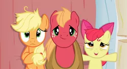 Size: 856x470 | Tagged: safe, derpibooru import, edit, edited screencap, screencap, apple bloom, applejack, big macintosh, earth pony, pony, apple family reunion, apple siblings, bed, female, filly, male, mare, on back, pillow, stallion