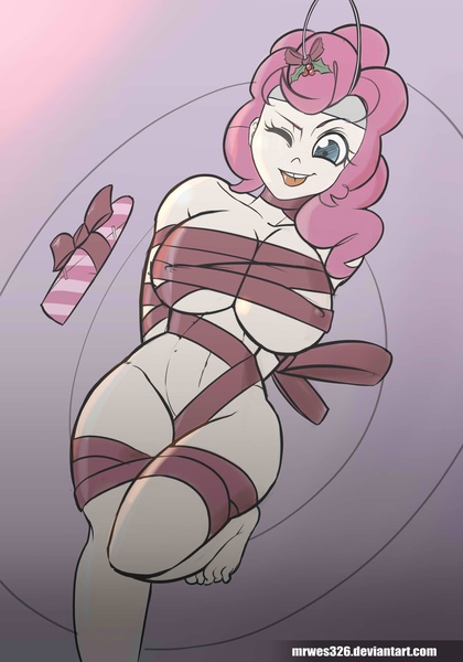 Size: 1750x2500 | Tagged: questionable, artist:mrw32, derpibooru import, pinkie pie, bedroom eyes, big breasts, bondage, breast binding, breasts, busty pinkie pie, dildo, female, gift wrapped, happy bondage, holly, holly mistaken for mistletoe, humanized, implied insertion, nudity, plate, present, ribbon, sex toy, simple background, solo, solo female, tied up, wide hips