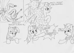 Size: 1280x920 | Tagged: safe, artist:the-ross, derpibooru import, twilight sparkle, oc, oc:force magnitude, pony, unicorn, ace attorney, female, frown, lineart, mare, mary sue, miles edgeworth, missile, monochrome, necktie, phoenix wright, traditional art, unicorn twilight