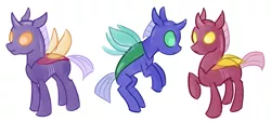 Size: 881x399 | Tagged: artist:starlight-gaze, artist:tiitha, blue changeling, changedling, changeling, changeling oc, derpibooru import, hilarious in hindsight, oc, purple changeling, red changeling, safe, simple background, trio, unofficial characters only, white background