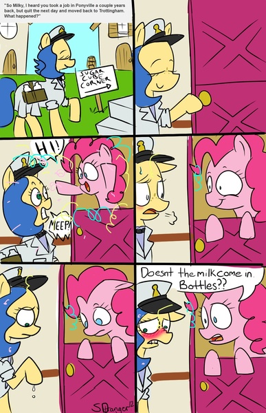 Size: 1000x1550 | Tagged: questionable, artist:strangerdanger, derpibooru import, pinkie pie, oc, oc:milky way, pony, accident, blushing, bowtie, clothes, comic, confetti, door, female, implying, lactation, leaking, mare, meep, milk, milk bottle, milkmare, peaked cap, rolled up sleeves, sugarcube corner, surprised, sweat, tumblr, uniform, working