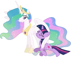 Size: 6900x5480 | Tagged: safe, artist:90sigma, derpibooru import, princess celestia, twilight sparkle, alicorn, pony, unicorn, the crystal empire, absurd resolution, bitchlestia, duo, ethereal mane, eyes closed, female, mare, simple background, transparent background, unicorn twilight, vector