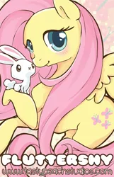 Size: 418x650 | Tagged: safe, artist:mooglegurl, derpibooru import, angel bunny, fluttershy, pegasus, pony, rabbit, blushing, female, looking at you, mare, solo, spread wings, wings