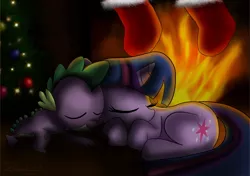 Size: 1012x713 | Tagged: artist:psychoanalytic, derpibooru import, fireplace, safe, sleeping, spike, twilight sparkle