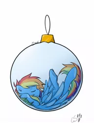 Size: 1024x1331 | Tagged: safe, artist:secret-pony, artist:thelittlebear, derpibooru import, rainbow dash, pegasus, pony, bauble, christmas, christmas ornament, colored, eyes closed, micro, ornament, simple background, solo, underhoof, white background