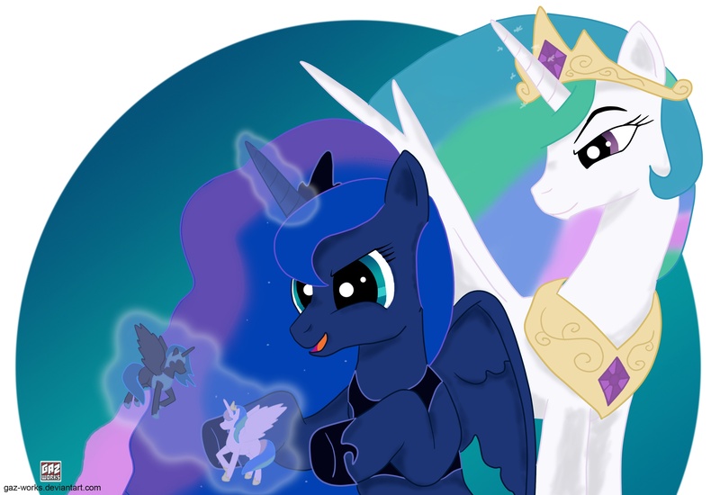 Size: 3000x2064 | Tagged: dead source, safe, artist:gaz-works, derpibooru import, nightmare moon, princess celestia, princess luna, alicorn, pony, abstract background, duo, magic, playing, sisters, smiling, telekinesis, toy