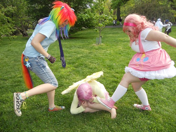 Size: 600x450 | Tagged: abuse, barefoot, converse, cosplay, derpibooru import, feet, flutterbuse, fluttershy, human, irl, irl human, .mov, photo, pinkie pie, rainbow dash, safe, shed.mov, welcome to ponyville