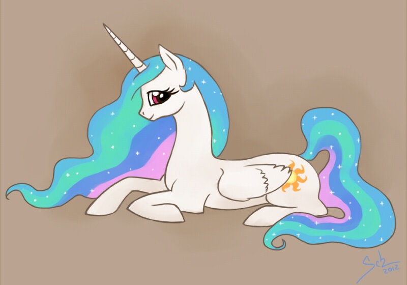 Size: 800x560 | Tagged: artist:scheadar, derpibooru import, missing accessory, princess celestia, prone, safe, solo