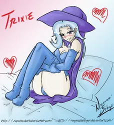 Size: 2324x2548 | Tagged: adorasexy, artist:nayaasebeleguii, ass, bed, bedroom eyes, blushing, boots, breasts, butt, cape, clothes, cute, derpibooru import, diatrixes, edit, evening gloves, female, heart, human, humanized, leotard, magician outfit, pillow, sexy, solo, suggestive, trixie, underass