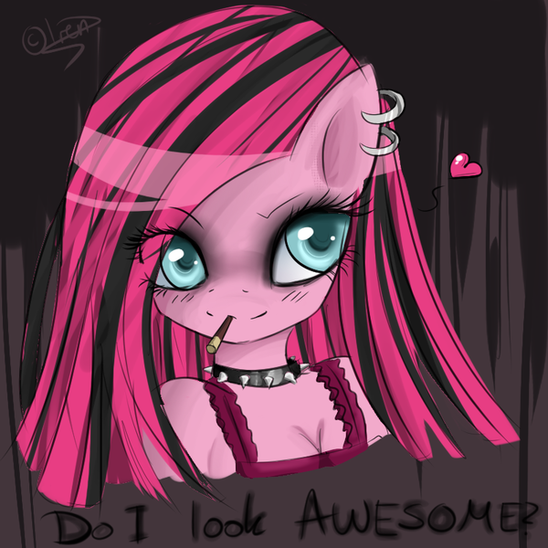 Size: 800x800 | Tagged: anthro, artist:chiakitasso, bust, cigarette, collar, colored pupils, earring, goth, gothic, heart, piercing, pinkamena diane pie, pinkie pie, portrait, punk, safe, smiling, solo