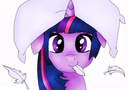 Size: 926x651 | Tagged: safe, artist:h00fbump, derpibooru import, twilight sparkle, pony, unicorn, feather, floppy ears, looking at you, nom, pillow, simple background, smiling, smiling at you, white background