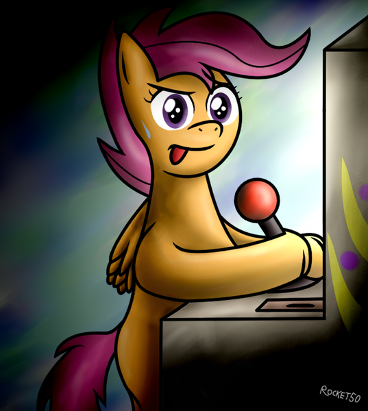 Size: 769x859 | Tagged: arcade, artist:rocket50, derpibooru import, gamer, gamerloo, safe, scootaloo, scootaloo will show us games to play, video game